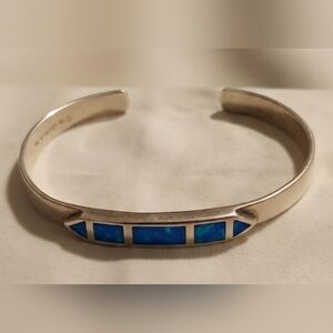 Sterling Silver Blue Opal Southwestern Cuff Bangle